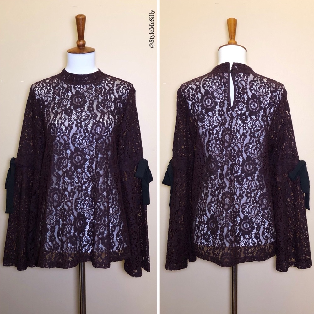 Ann Taylor LOFT plum lace bell sleeve blouse with bows at sleeves Dark feminine - Picture 3 of 8